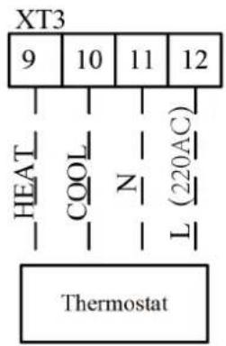 graph TD A["XT3"] --> B["9"] A --> C["10"] A --> D["11"] A --> E["12"] F["HEAT"] --> G["COOL"] G --> H["N"] H --> I["L (220AC)"] I --> J["Thermostat"]
