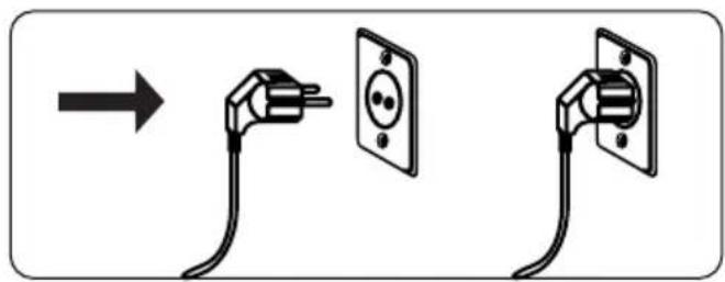 Diagram showing a plug being inserted into an electrical socket, with an arrow indicating the process.