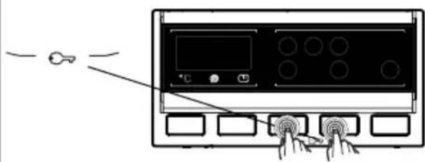 Diagram showing a device panel with labeled buttons and a hand pointing to a key, likely indicating a function or connection point.