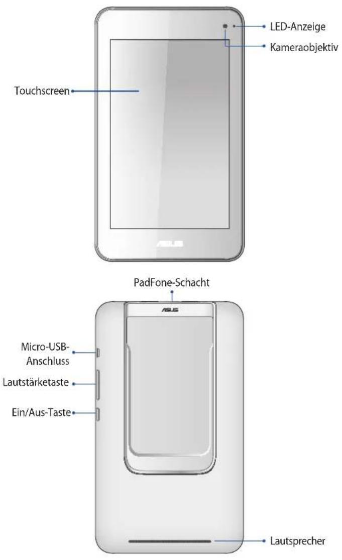 LED-Anzeige Kameraobjektiv Touchscreen PadFone-Schacht Micro-USB- Anschluss Lautstärketaste Ein/Aus-Taste Lautsprecher