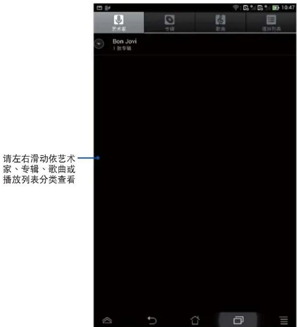 请左右滑动依艺术家、专辑、歌曲或播放列表分类查看