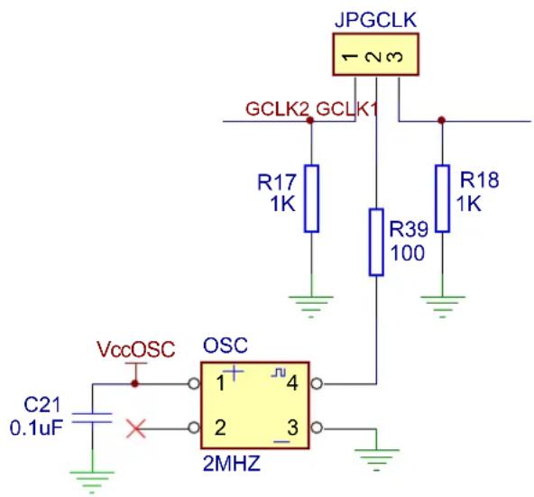 JPGCLK GCLK2 GCLK1 R17 1K R39 100 R18 1K VccOSC OSC 1 4 2 3 C21 0.1uF 2MHZ
