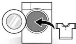 Diagram showing a washing machine with a magnifying glass and a T-shirt, illustrating the process of clothing replacement.