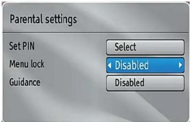Parental settings Set PIN Select Menu lock Disabled Guidance Disabled