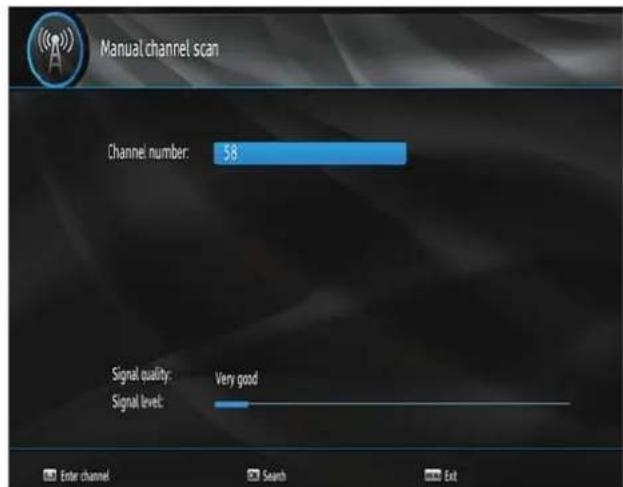 Manual channel scan Channel number: 58 Signal quality: Very good Signal level: