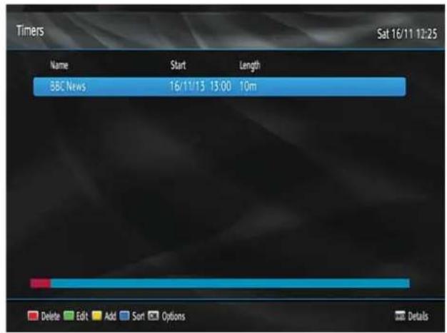 Timers Sat 16/11 12:25 Name Start Length BBC News 16/11/13 13:00 10m Delete Edit Add Sort Options Details