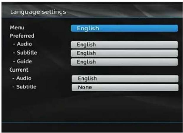 Language settings Menu English Preferred - Audio English - Subtitle English - Guide English Current - Audio English - Subtitle None