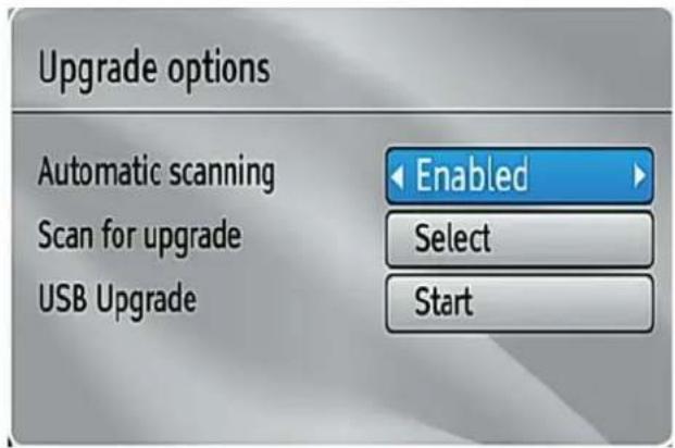 Upgrade options Automatic scanning Scan for upgrade USB Upgrade Enabled Select Start