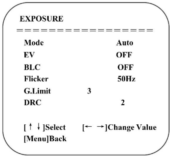 EXPOSURE Mode Auto EV OFF BLC OFF Flicker 50Hz G.Limit 3 DRC 2 [↑↓]Select [←→]Change Value [Menu]Back