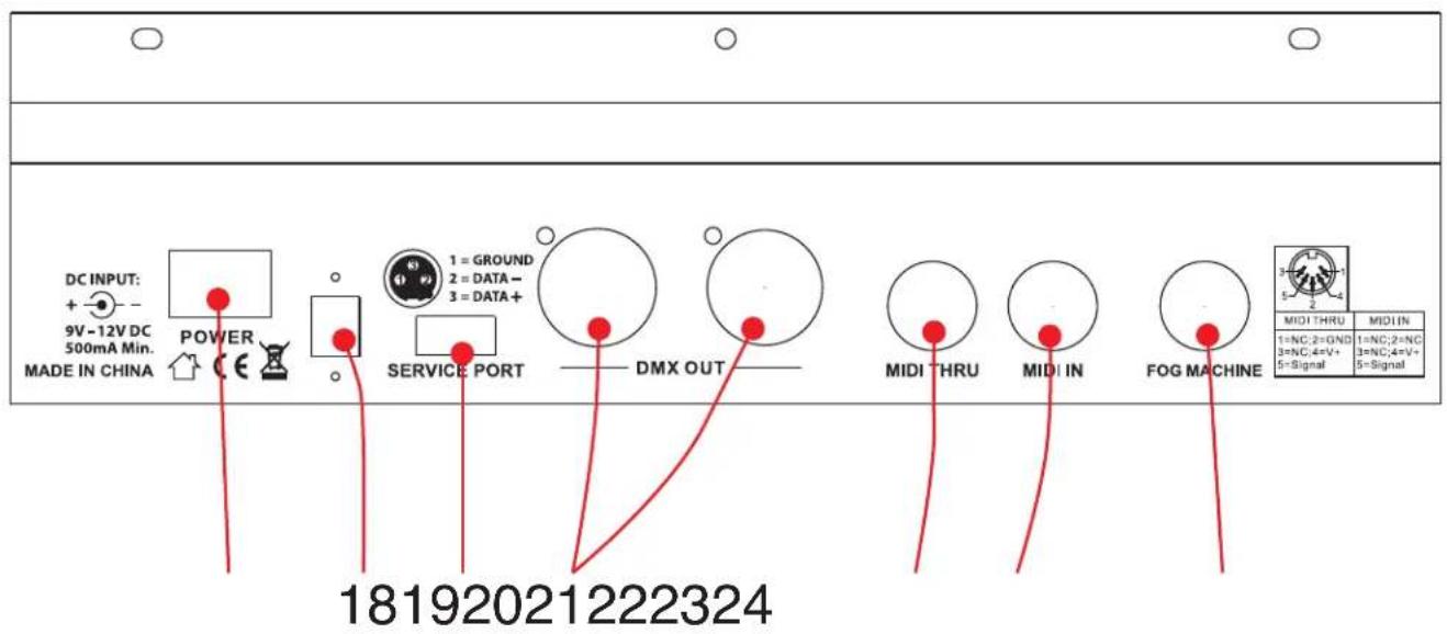 DC INPUT: + - 9V-12V DC 500mA Min. MADE IN CHINA POWER SERVICE PORT 1 = GROUND 2 = DATA- 3 = DATA+ DMX OUT MIDI THRU MIDI IN MIDI THRU MIDI IN 1=NC;2=GND 1=NC;2=NC 3=NC;4=V+ 3=NC;4=V- 5=Signal 5=Signal 18192021222324