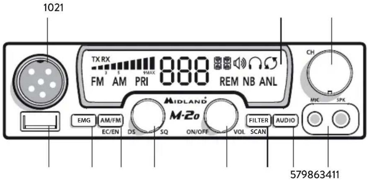 1021 TX RX FM AM PRI 888 REM NB ANL CH MIC SPK EMG AM/FM EC/EN DS SQ ON/OFF VOL FILTER AUDIO M-2o 579863411