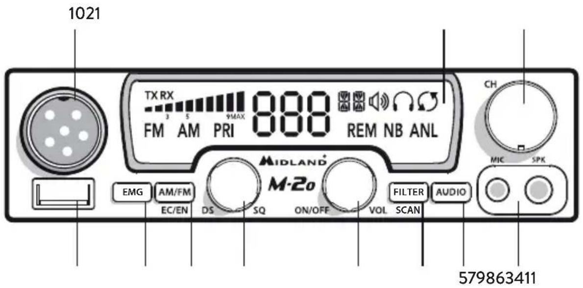 1021 TX RX FM AM PRI 888 REM NB ANL CH MIC SPK EMG AM/FM EC/EN DS SQ ON/OFF VOL FILTER AUDIO M-2o 579863411