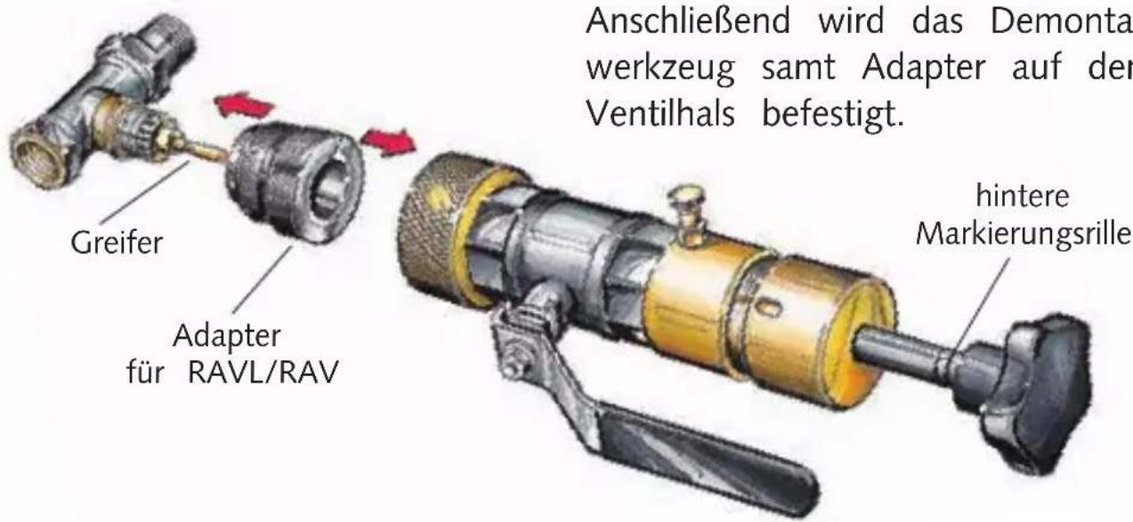 Anschließend wird das Demonta werkzeug samt Adapter auf der Ventilhals befestigt. Greifer Adapter für RAVL/RAV hintere Markierungsrille