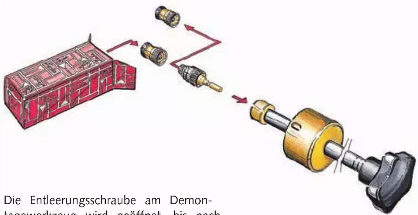 Die Entleerungsschraube am Demon- tageworkzeug wird geöffnet bis nach