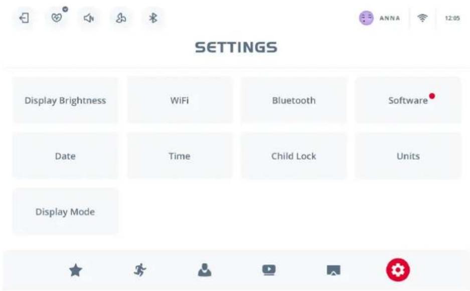 SETTINGS Display Brightness WiFi Bluetooth Software Date Time Child Lock Units Display Mode