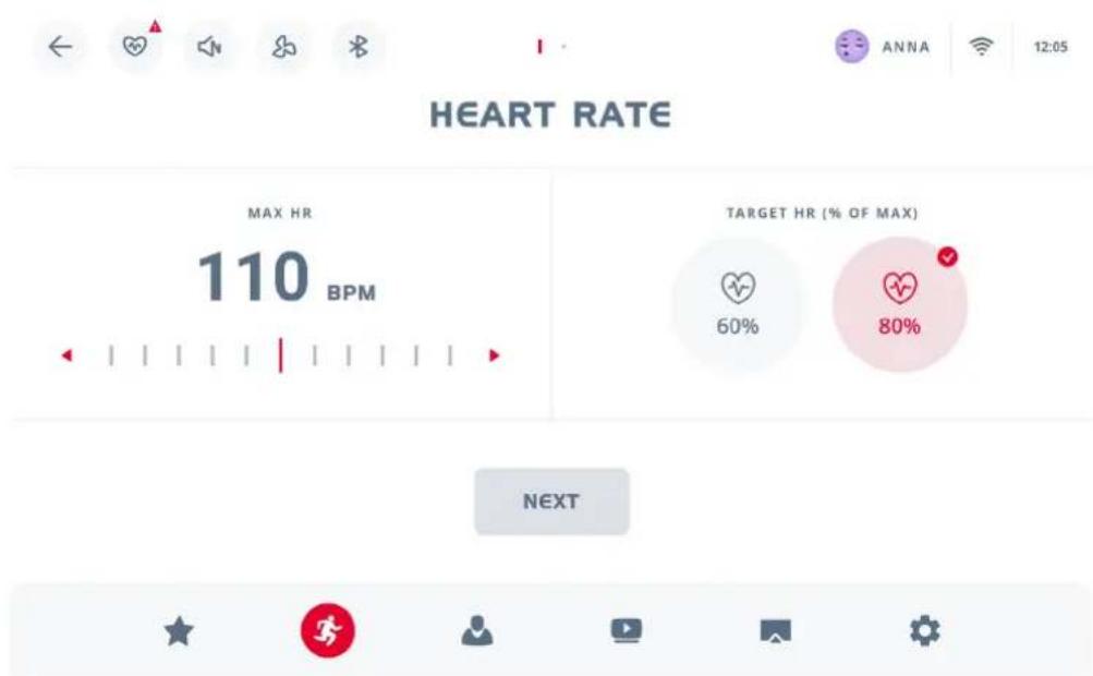 HEART RATE MAX HR 110 BPM TARGET HR (% OF MAX) 60% 80% NEXT