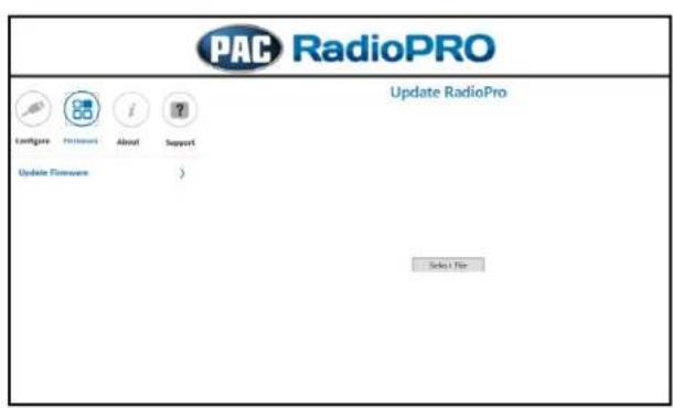 PAC RadioPRO Update RadioPro Configure Printout About Support Update Software > Select File