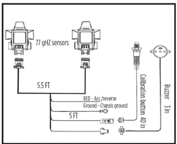 77 gHZ sensors 5.5 FT RED - Acc./reverse Ground - Chassis ground 5 FT Calibration button 40 in Buzzer 3 in