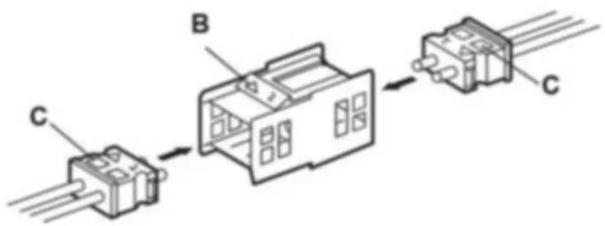 Diagram showing three labeled components (C, B, C) connected by directional arrows indicating a process or assembly.