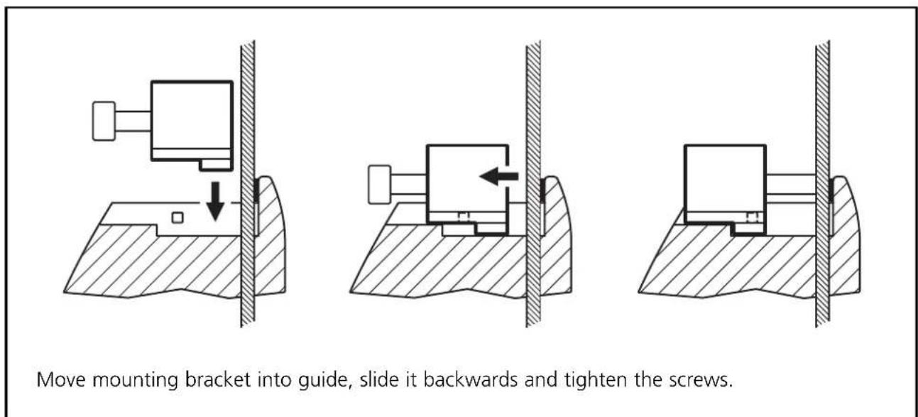 Move mounting bracket into guide, slide it backwards and tighten the screws.