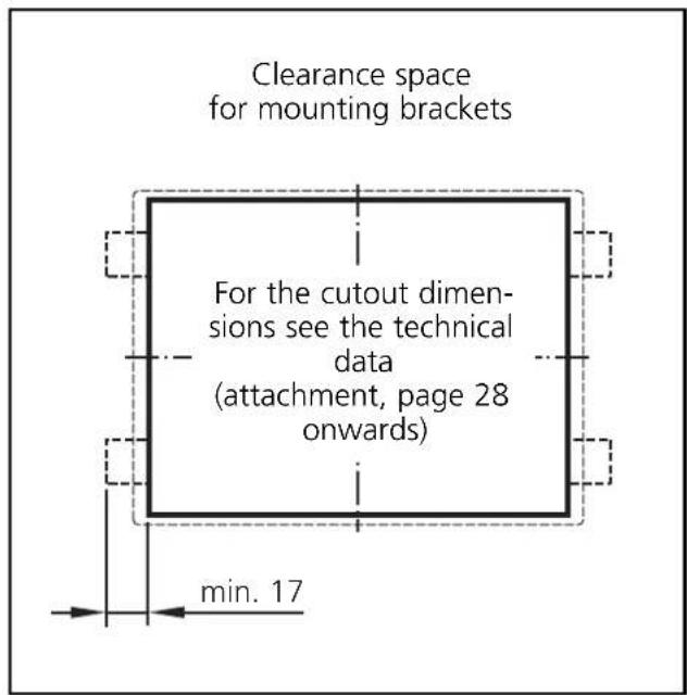 Clearance space for mounting brackets For the cutout dimen- sions see the technical data (attachment, page 28 onwards) min. 17