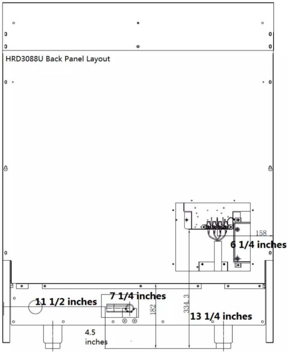 HRD3088U Back Panel Layout 158 6 1/4 inches 11 1/2 inches 7 1/4 inches 182 334.3 13 1/4 inches 4.5 inches