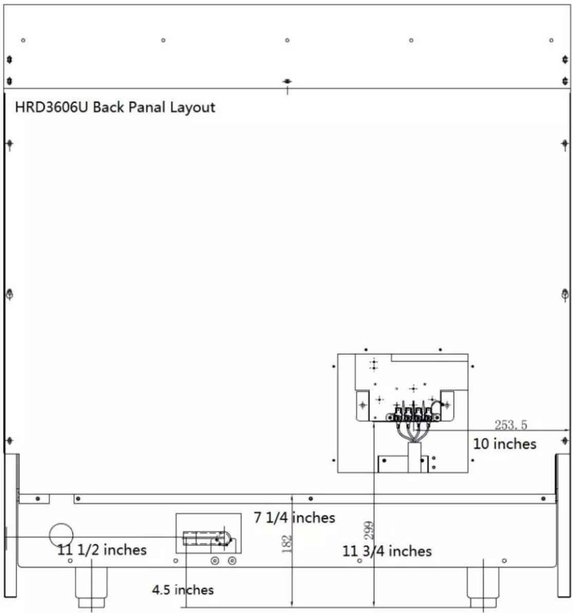 HRD3606U Back Panal Layout 253.5 10 inches 7 1/4 inches 182 299 11 1/2 inches 11 3/4 inches 4.5 inches