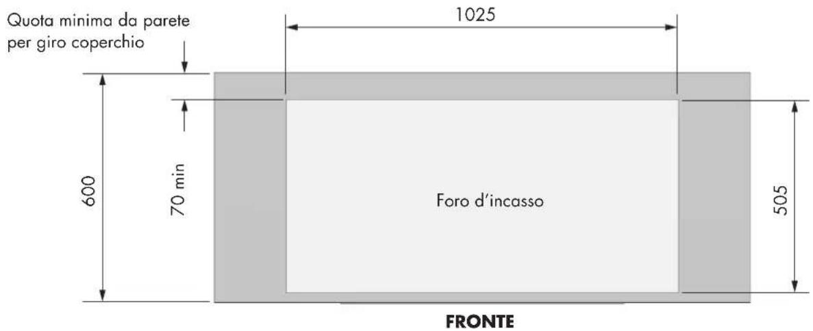 Quota minima da parete per giro coperchio 600 70 min 1025 Foro d'incasso 505 FRONTE