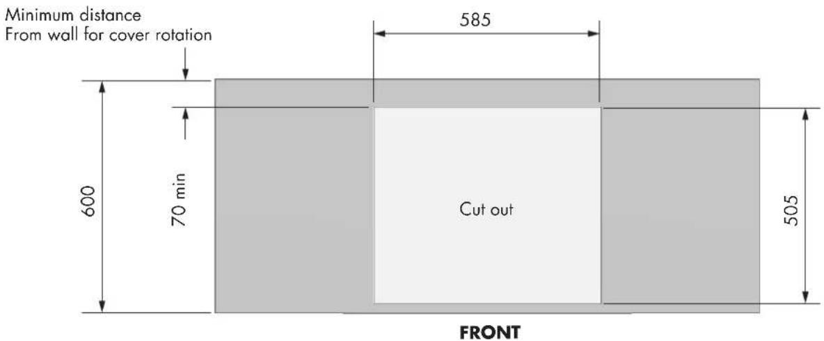 Minimum distance From wall for cover rotation 600 70 min 585 Cut out 505 FRONT
