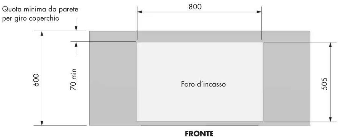 Quota minima da parete per giro coperchio 600 70 min 800 Foro d'incasso 505 FRONTE