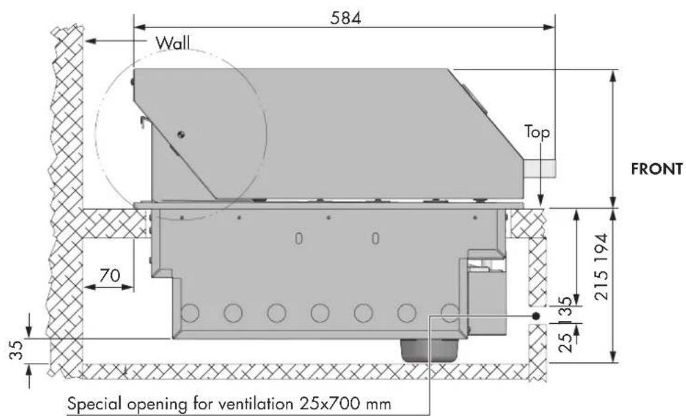 584 Wall Top FRONT 70 35 215 194 35 25 Special opening for ventilation 25x700 mm