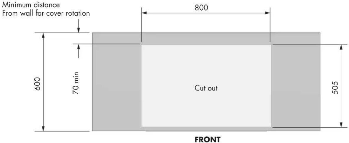 Minimum distance From wall for cover rotation 600 70 min 800 Cut out 505 FRONT