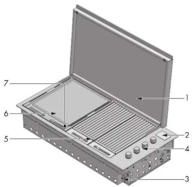 Technical diagram of an open electronic device with numbered components labeled 1 through 7