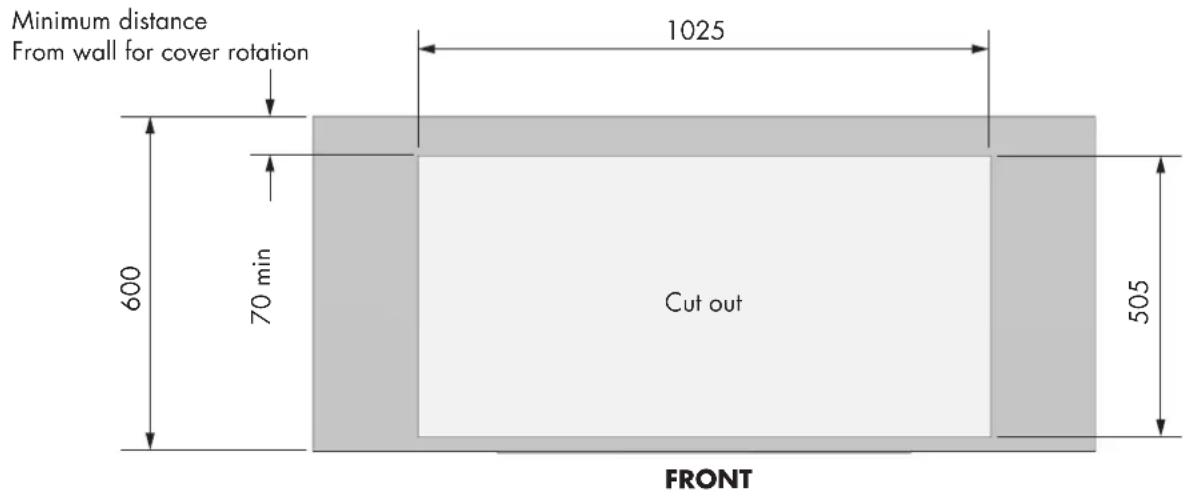 Minimum distance From wall for cover rotation 600 70 min 1025 Cut out 505 FRONT