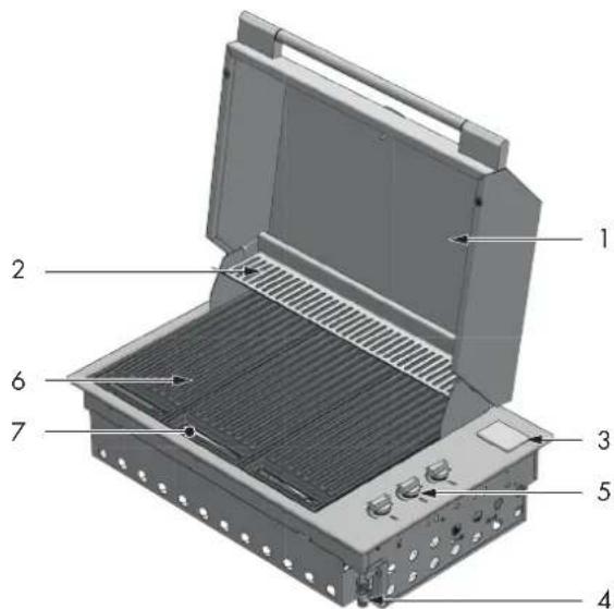 Labeled diagram of an open industrial heating device with numbered components