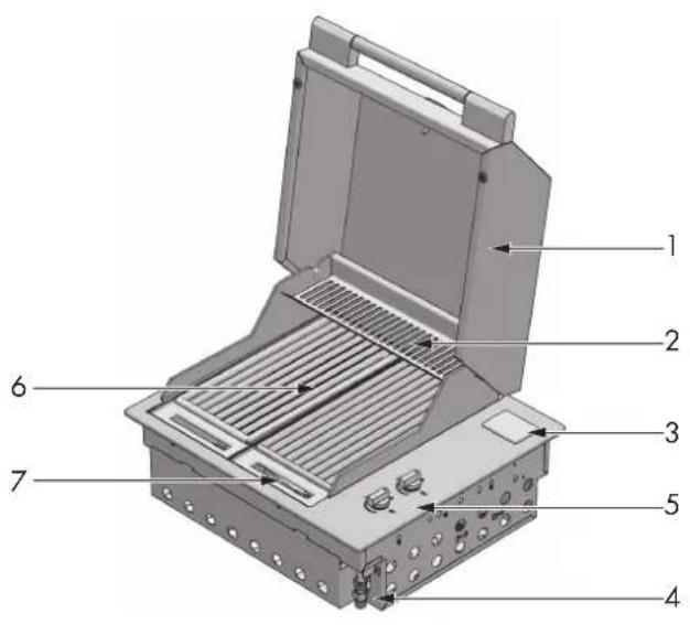 Labeled diagram of an open portable electric stove with numbered parts for identification
