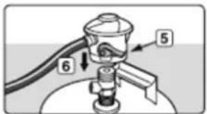 Diagram of a mechanical device with numbered parts labeled 5, 6, and directional arrows indicating components.