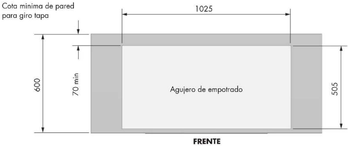 Cota minima de pared para giro tapa 600 70 min 1025 Agujero de empotrado 505 FRENTE
