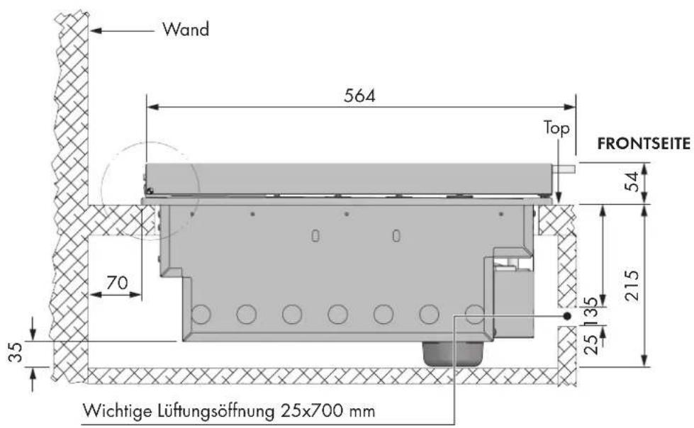 Wand 564 Top FRONTSEITE 54 70 35 215 25 13 5 Wichtige Lüftungsöffnung 25x700 mm