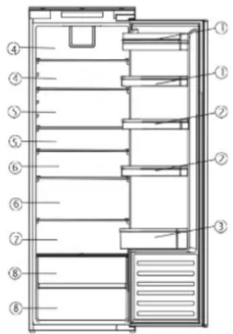 Technical diagram of a refrigerator interior with numbered compartments and doorways