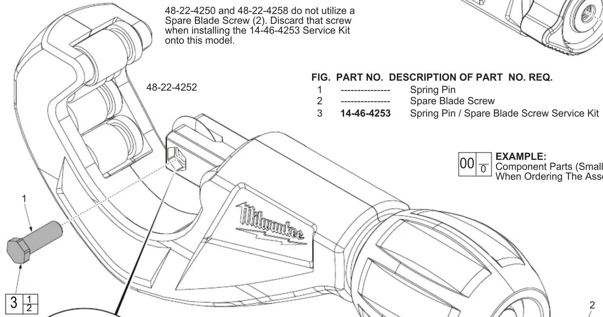 48-22-4250 and 48-22-4258 do not utilize a Spare Blade Screw (2). Discard that screw when installing the 14-46-4253 Service Kit onto this model. 48-22-4252 FIG. PART NO. DESCRIPTION OF PART NO. REQ. 1 ---- Spring Pin 2 ---- Spare Blade Screw 3 14-46-4253 Spring Pin / Spare Blade Screw Service Kit 00 0 EXAMPLE: Component Parts (Small) When Ordering The Asse 3 1/2