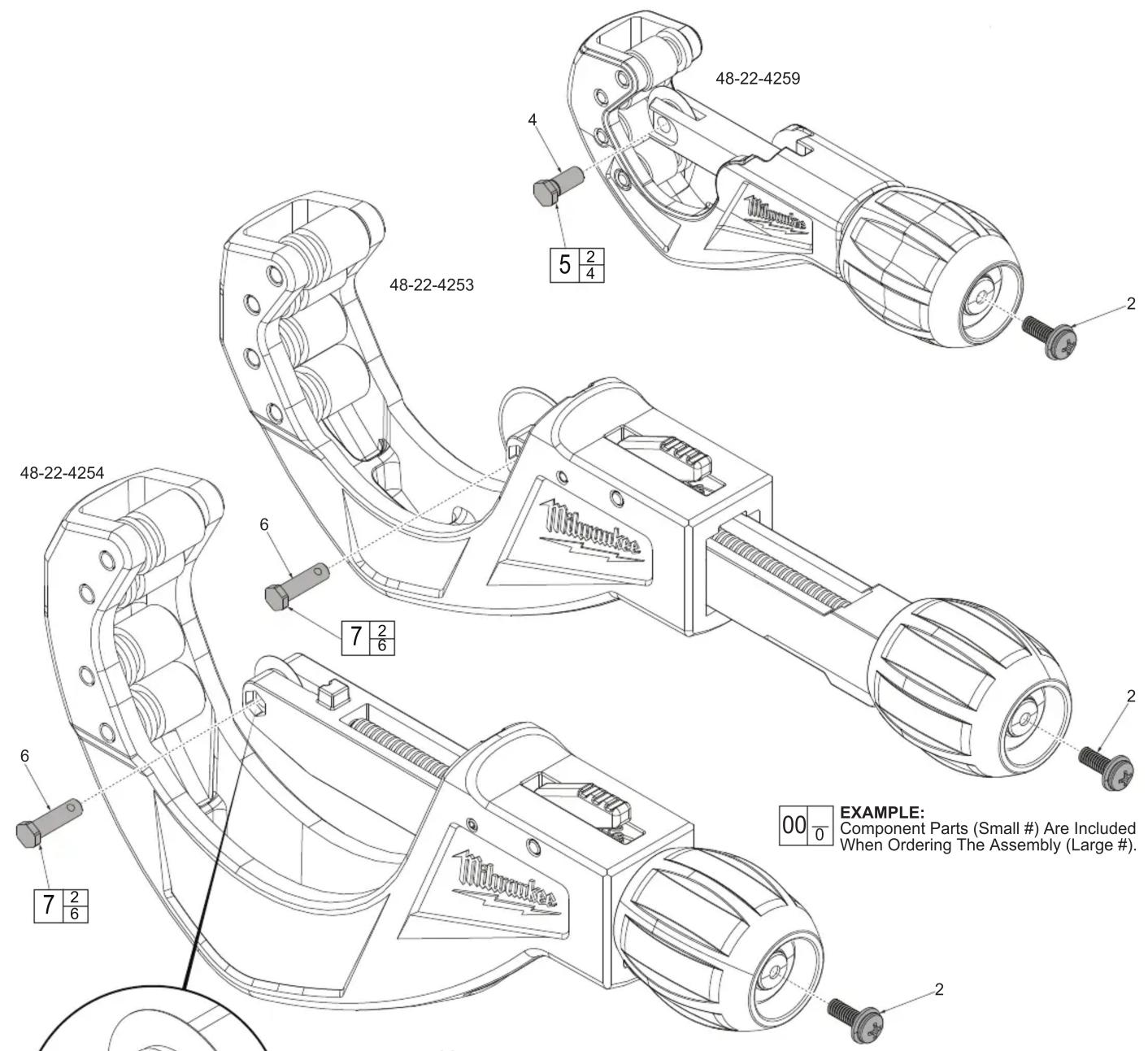 48-22-4259 4 5 2/4 2 48-22-4253 6 7 2/6 2 48-22-4254 6 7 2/6 Milwaukee EXAMPLE: Component Parts (Small #) Are Included When Ordering The Assembly (Large #). 00 0