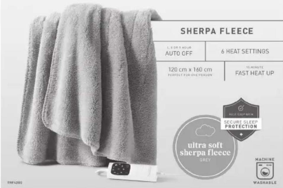 SHERPA FLEECE 1, 2 OR 5 HOUR AUTO OFF 6 HEAT SETTINGS 120 cm x 160 cm PERFECT FOR ONE PERSON 10 MINUTE FAST HEAT UP HEAT EACT WITH SECURE SLEEP PROTECTION + ultra soft sherpa fleece GREY MACHINE WASHABLE TRF4200