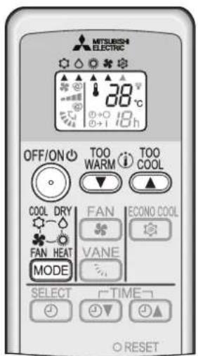 MITSUBISHI ELECTRIC 38°C + + 0 + + 1 18 h OFF/ON TOO WARM TOO COOL COOL DRY FAN ECONO COOL FAN HEAT VANE MODE SELECT TIME RESET