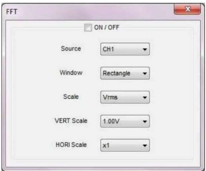 FFT ON / OFF Source CH1 Window Rectangle Scale Vrms VERT Scale 1.00V HORI Scale x1