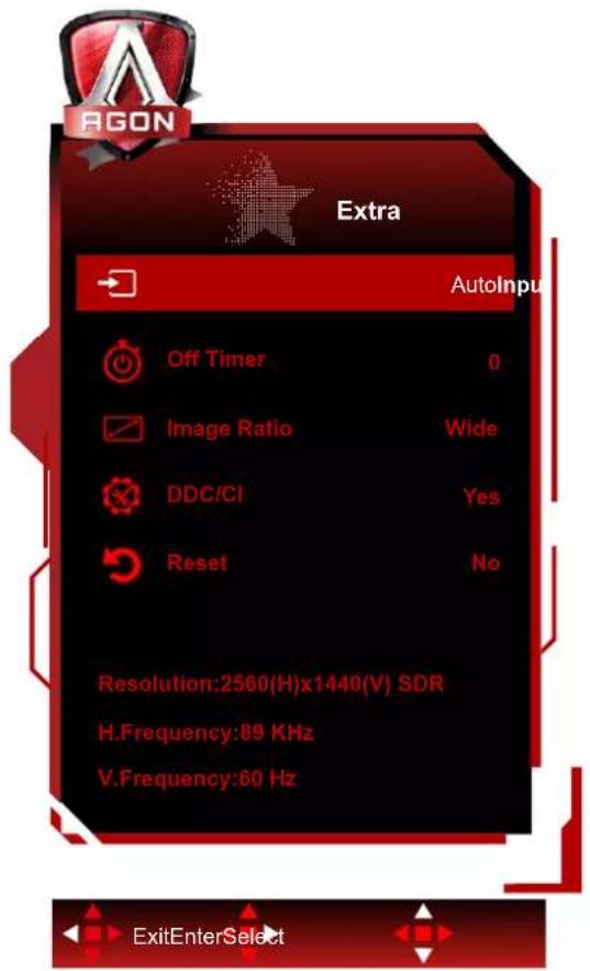 AGON Extra AutoInput Off Timer 0 Image Ratio Wide DDC/CI Yes Reset No Resolution:2560(H)x1440(V) SDR H.Frequency:89 KHz V.Frequency:60 Hz ExitEnterSelect