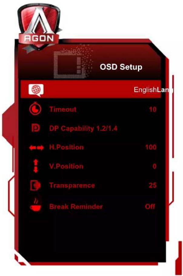 OGD Setup EnglishLan Timeout 10 DP Capability 1.2/1.4 H.Position 100 V.Position 0 Transparence 25 Break Reminder Off