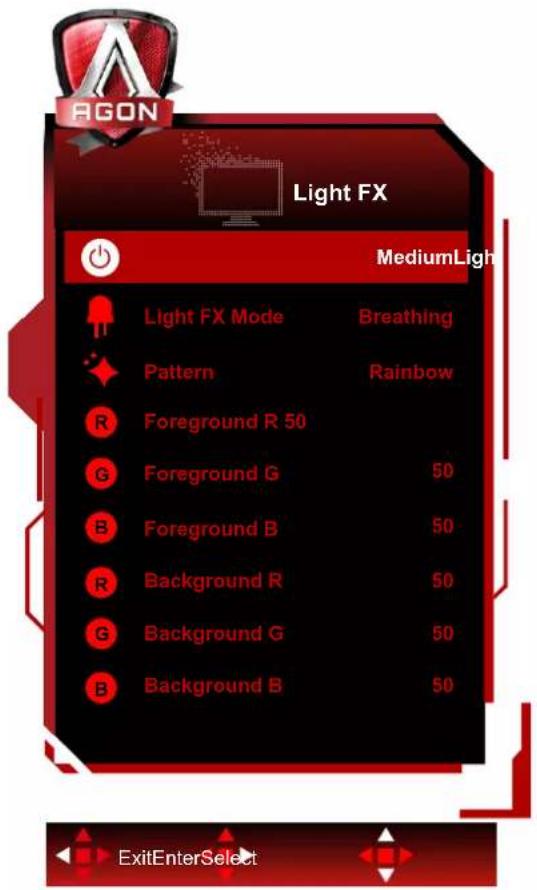 Light FX MediumLight Light FX Mode Breathing Pattern Rainbow R Foreground R 50 G Foreground G 50 B Foreground B 50 R Background R 50 G Background G 50 B Background B 50 ExitEnterSelect