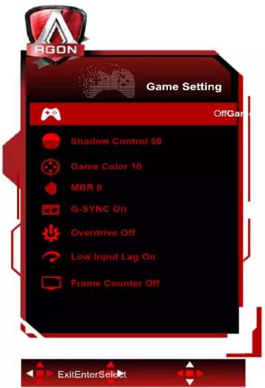 AGON Game Setting OffGame Shadow Control 50 Game Color 10 MBR 0 G-SYNC On Overdrive Off Low Input Lag On Frame Counter Off ExitEnterSelect
