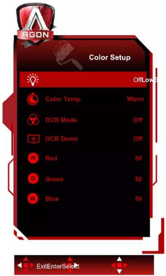 AGON Color Setup OffLowB Color Temp. Warm DCB Mode Off DCB Demo Off Red 50 Green 50 Blue 50 ExitEnterSelect